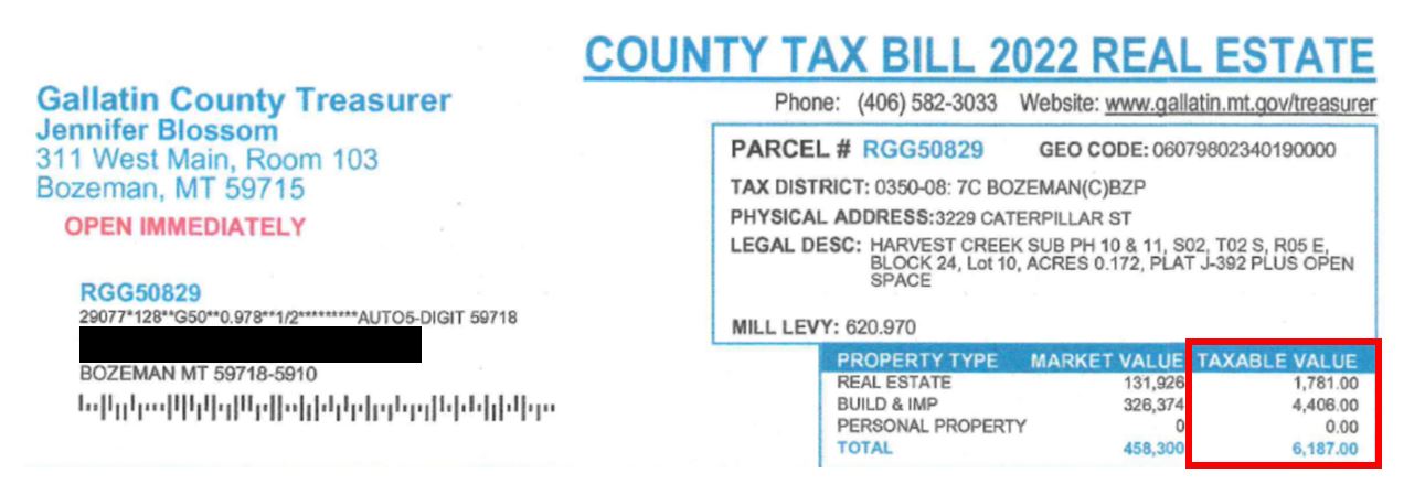 In the example tax statement, the market value is $458,300, the taxable percent is 1.35%, and there are no applicable exemptions. Thus, the taxable value is $6,187. 