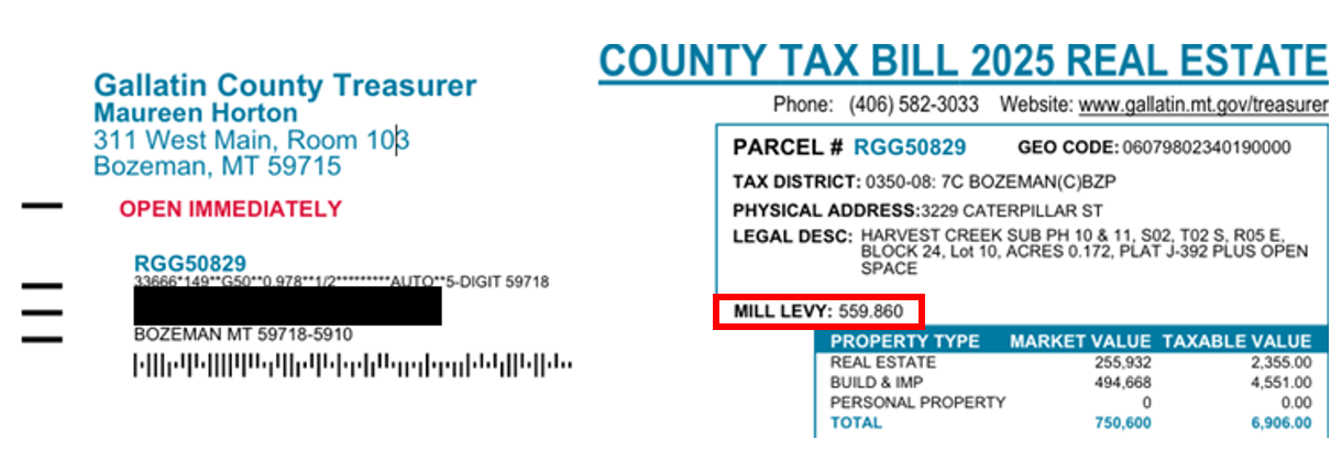 In our example tax statement, all properties in the tax district are subject to 559.860 mills.