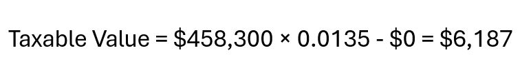 In the example tax statement, the market value is $458,300, the taxable percent is 1.35%, and there are no applicable exemptions. Thus, the taxable value is $6,187. 