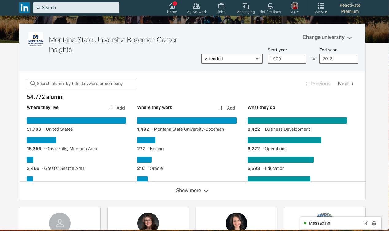 Linked In screen shot displaying See Alumni page