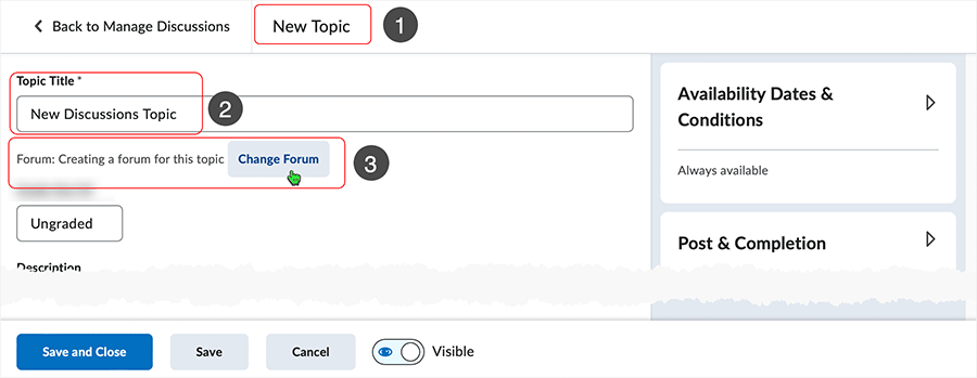 Brightspace screenshot 20.23.04 - Selecting "Change Forum" when editing a topic