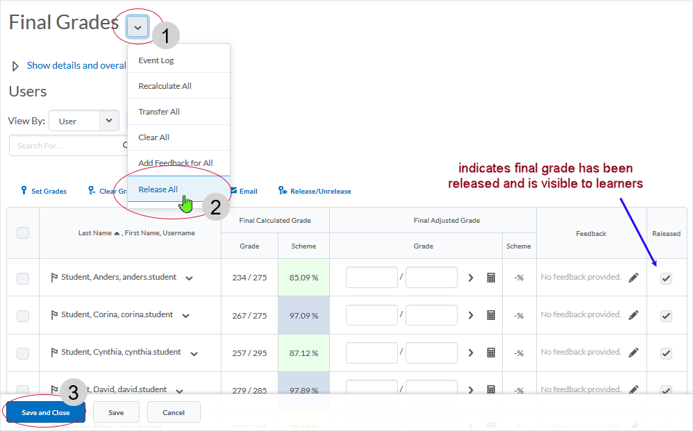 D2L 20.19.6 screenshot - select "Release All" link from the drop down action menu