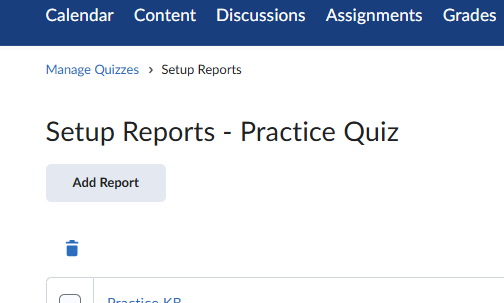 quiz report page in d2l with focus on add report button