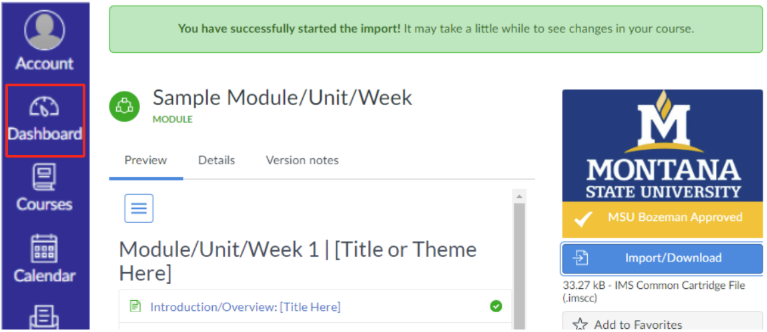 Import/Download page for Canvas Commons, highlighting the course options and the import and download buttons in a red outline. 