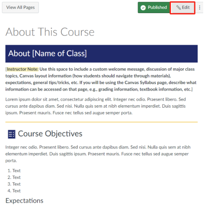 About This Course" page, with the Edit button outlined in red.