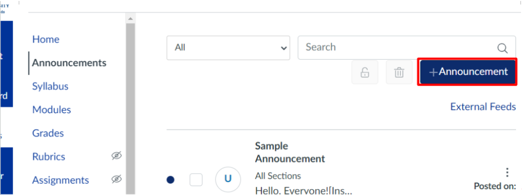 Announcement window with blue button titled add announcement outlined in red
