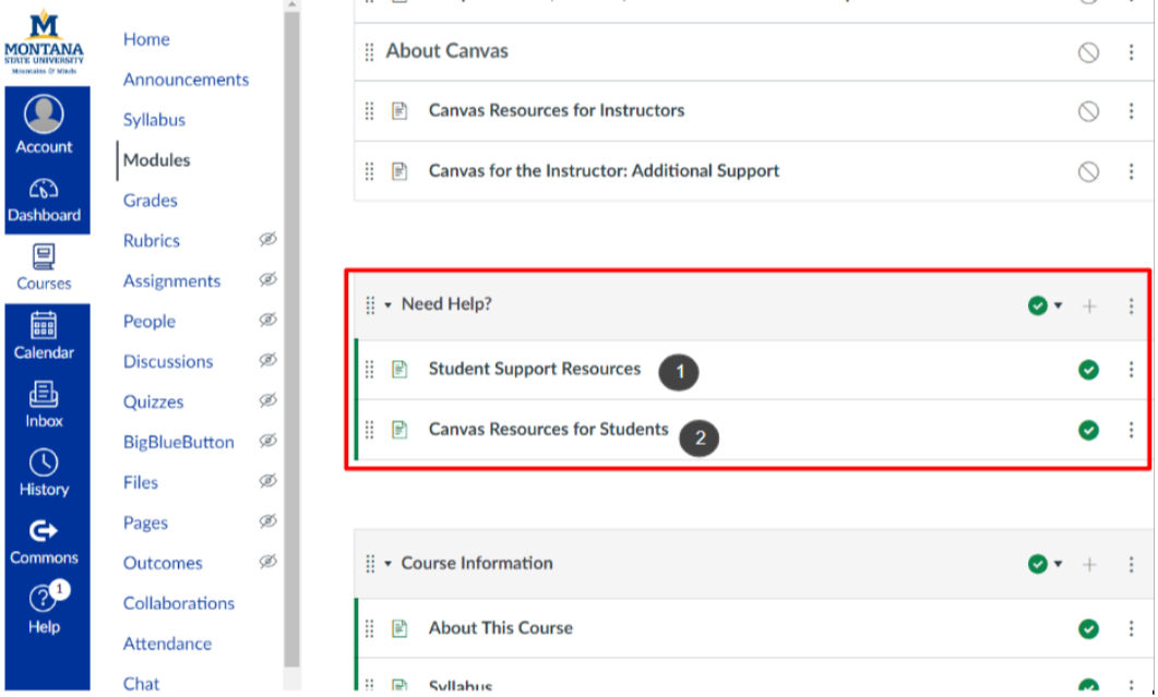 Need help module outlined in red with a number 1 and 2 next to the items listed under the module. 