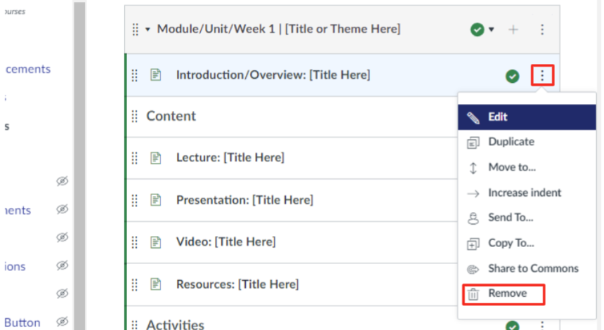 Canvas module showing a drop-down menu with the three dots that prompt the dropdown and the remove option outlined in red