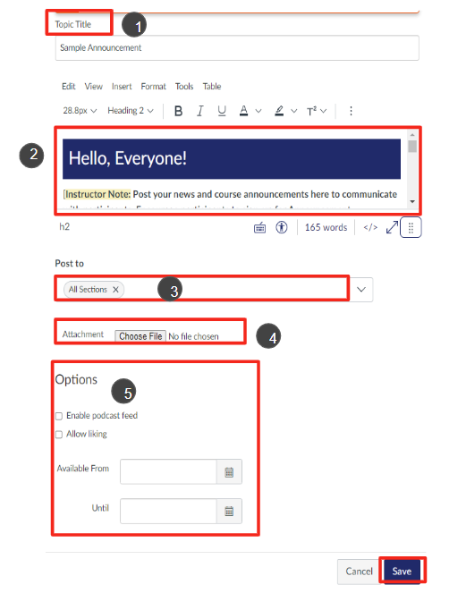 Announcement edit window with five fields to fill in outlined in red