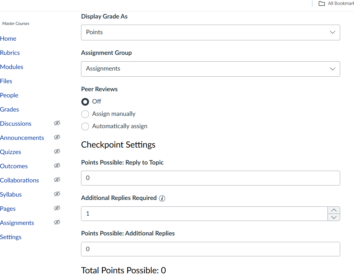 Settings area of a discussion with possible points for discussion in view