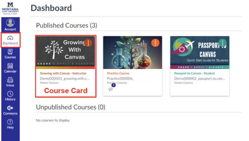 Canvas Dashboard with a course card outlined in red 