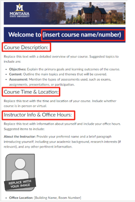 Course Homepage with sections to be filled in by instructor with course information outlined in red  