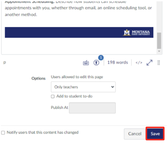 Save button outlined in red at the bottom right of the homepage edit window 