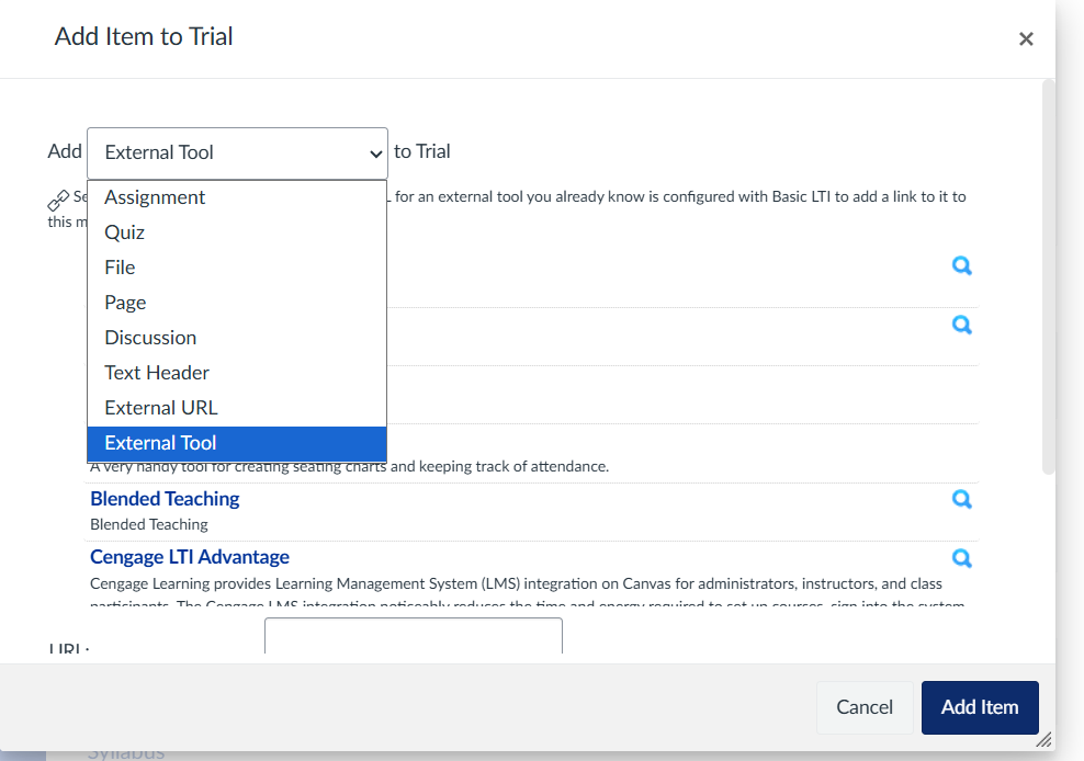 External tool list within the + modules area