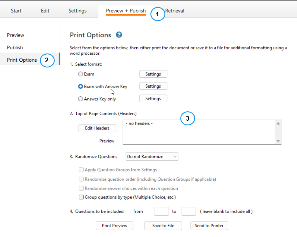 Print and publish tab in respondus with options for printing and saving
