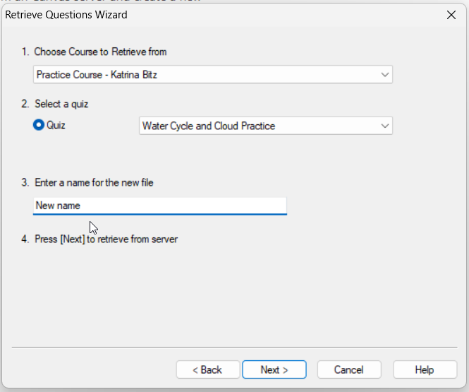 respondus window with fields to fill out with the course and quiz you would like to bring into Respondus