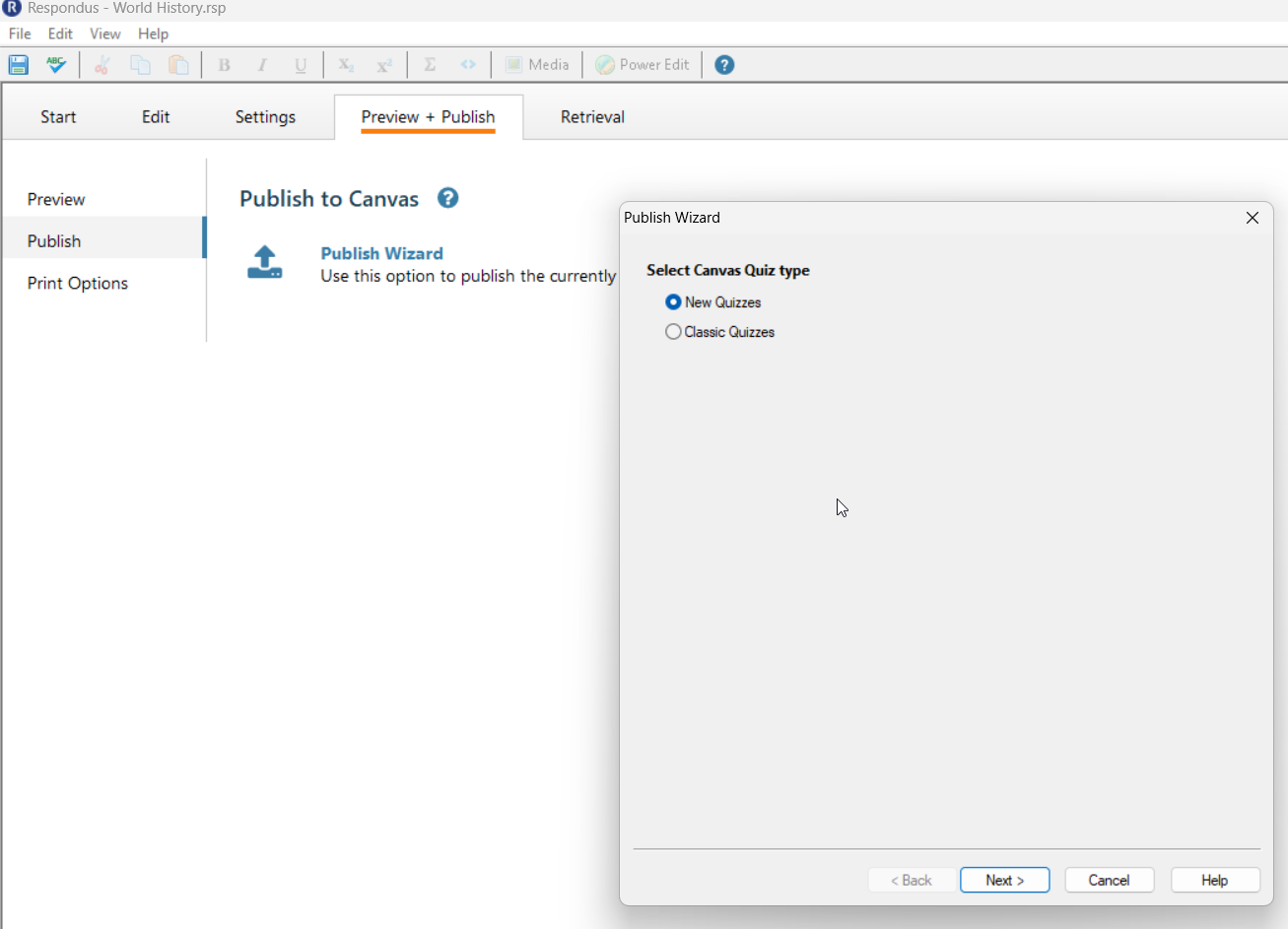 respondus home page with the publish area and the chose of new and classic quizzes