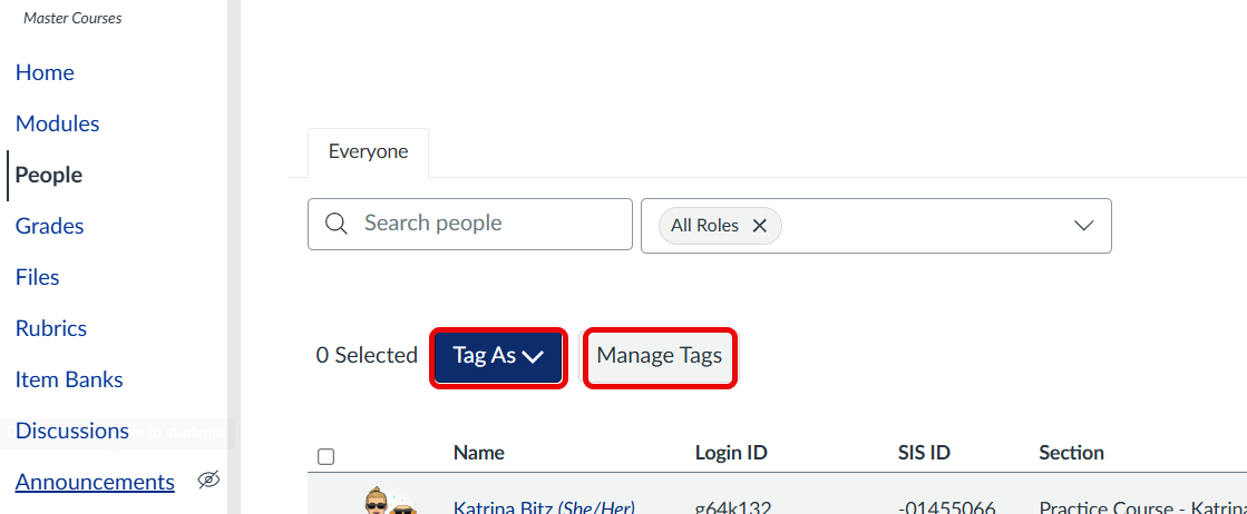 people area of canvas with two buttons outlined in red for creating and managing tags