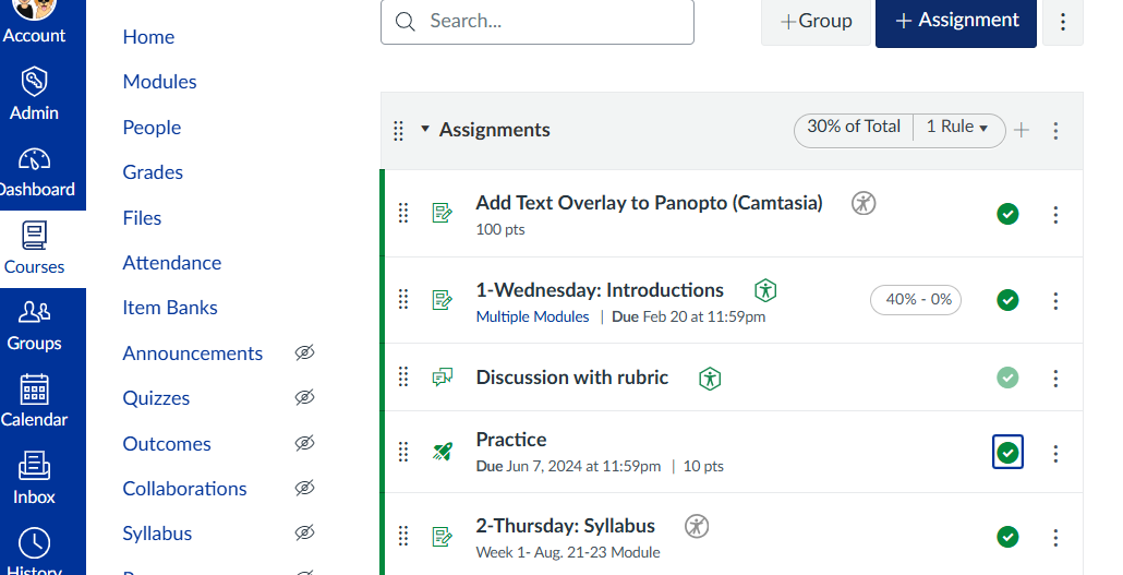 Assignments on Canvas with several assignments listed