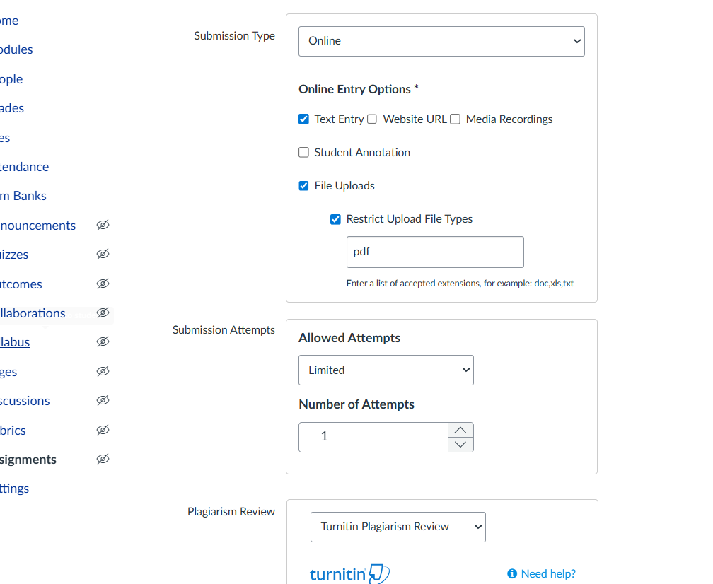 Submission type and the plagiarism option turned on