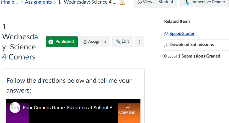 speedgrader link for an assignment in top right-hand corner