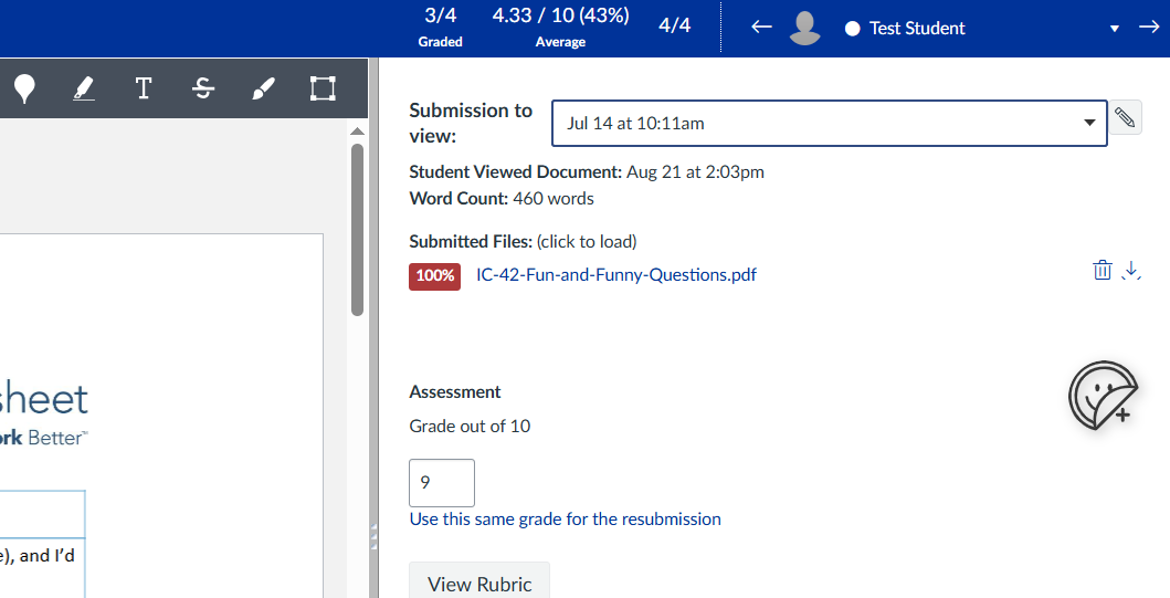 Speedgrader view of an online submission with a percentage for the plagiarism report of the submission