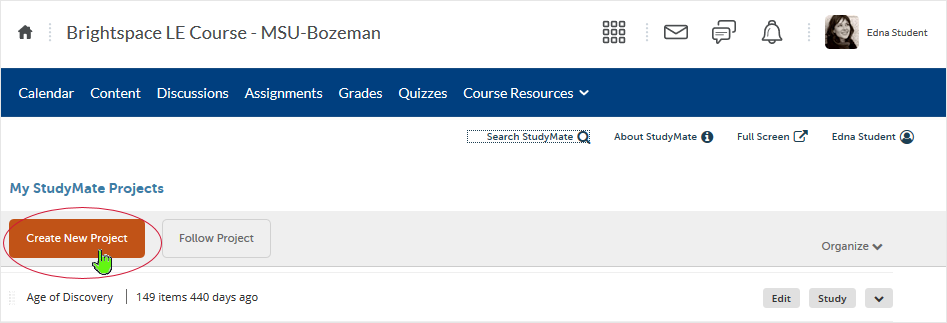 Brightspace_StudyMate screenshot 20.19.10 - select "Create New Project" from the My StudyMate Projects screen