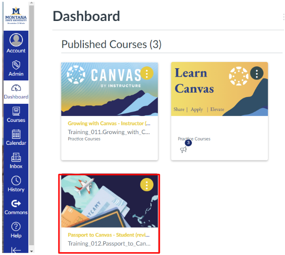 Canvas dashboard view with Passport to Canvas course outlined in red