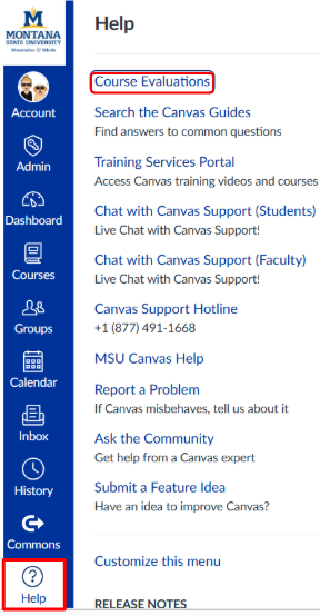 Canvas global navigation with help icon selected and course evaluations outlined from the pop out window