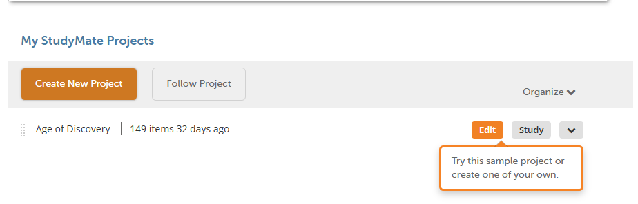 studymate page with the edit button in orange and a box saying click here to edit next to it