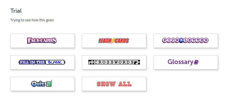 boxes with names of varying activities for students to use to study