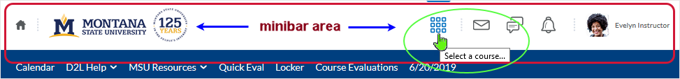 D2L 20.19.05 screenshot - click on "Select a course..." in the mini-bar