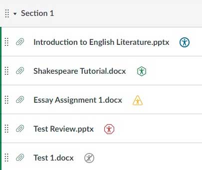 Screenshot of a course section titled 'Section 1' displaying five files with different icons indicating status: Introduction to English Literature.pptx – blue circle icon with a person symbol, Shakespeare Tutorial.docx – green pentagon icon with a star, Essay Assignment 1.docx – yellow triangle icon with an exclamation point, Test Review.pptx – red pentagon icon with an X, Test 1.docx – gray circle icon with a slash.