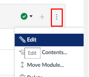 module header with 3 dots outlined in red and dropdown menu with edit in focus