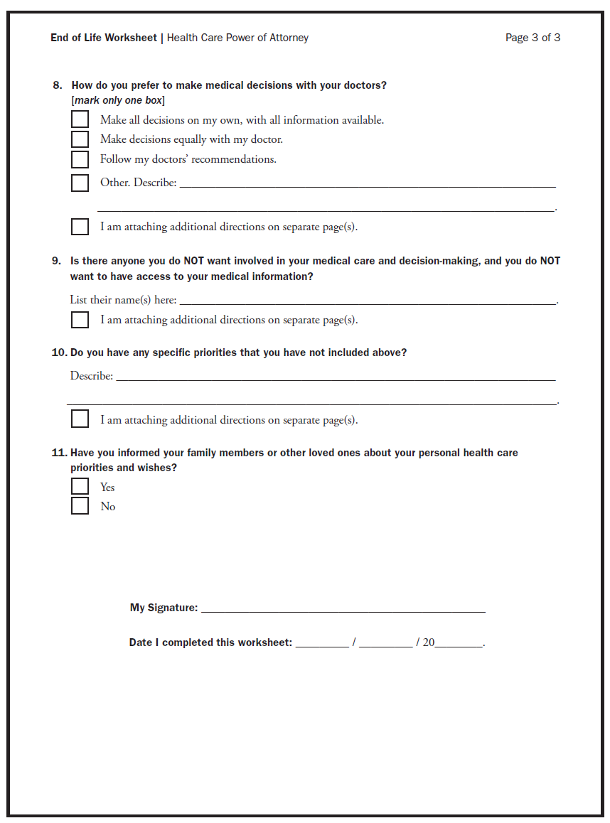 a worksheet assessing level of end of life care