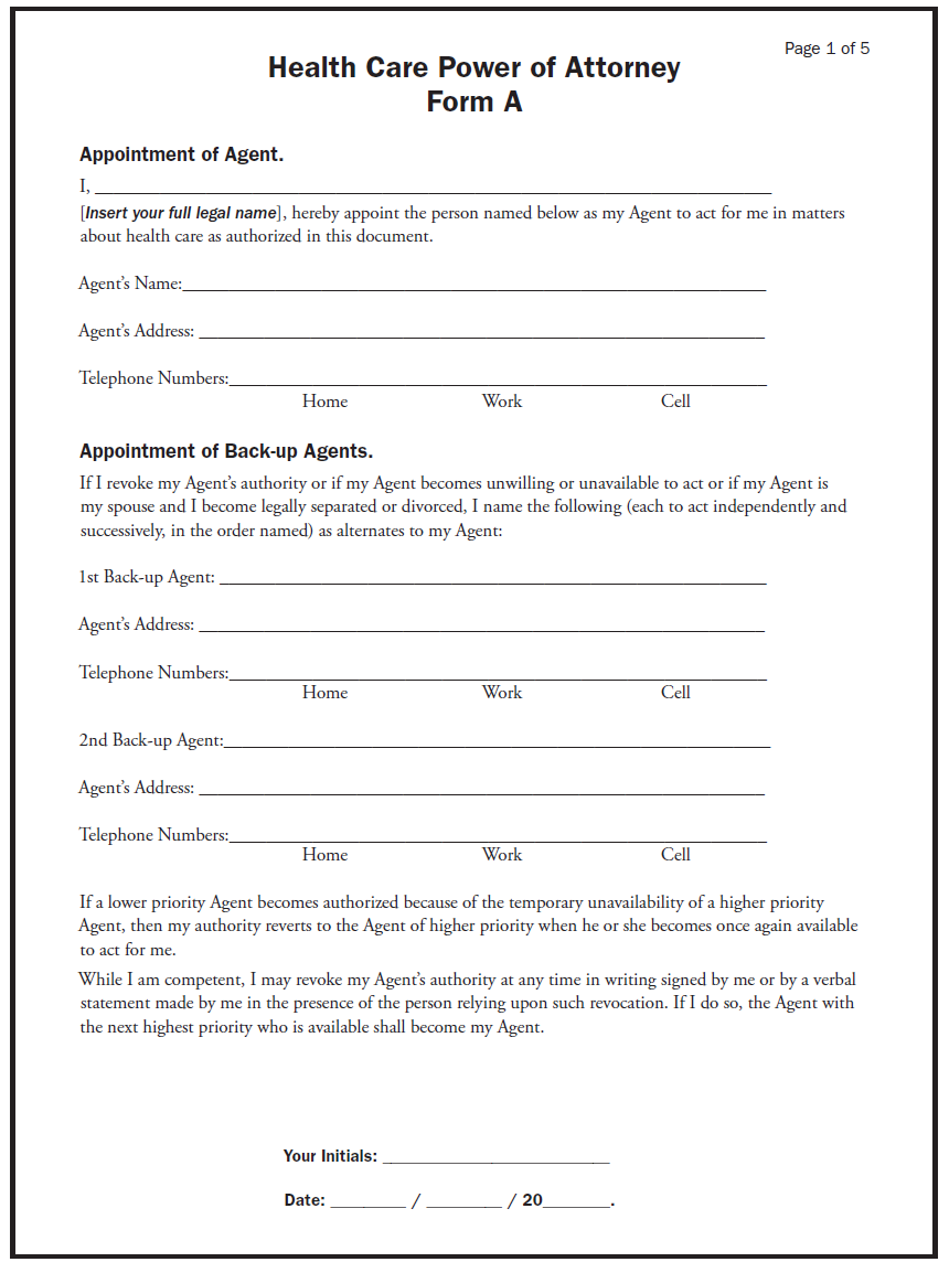 a worksheet assessing health care power ot attorney