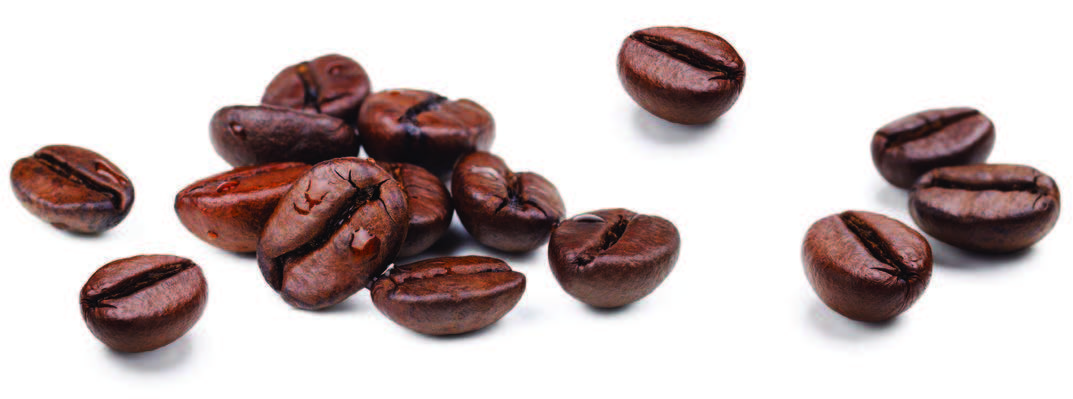Coffee beans are scattered. The image is zoomed in to display the details of the beans.