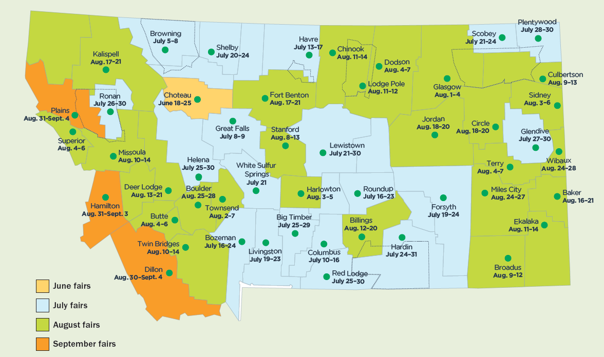a map showing all the counties in Montana. Each county is color coded for what month their fair is and also has the dates listed