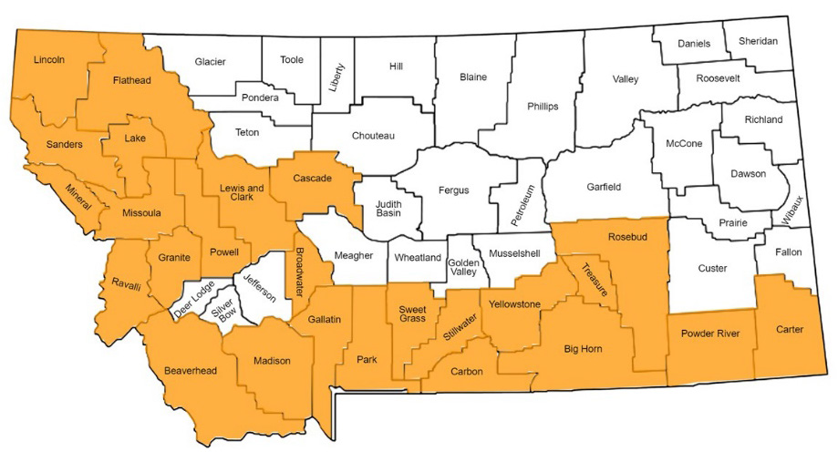 map of Montana with orange counties being where the ventenata has been found