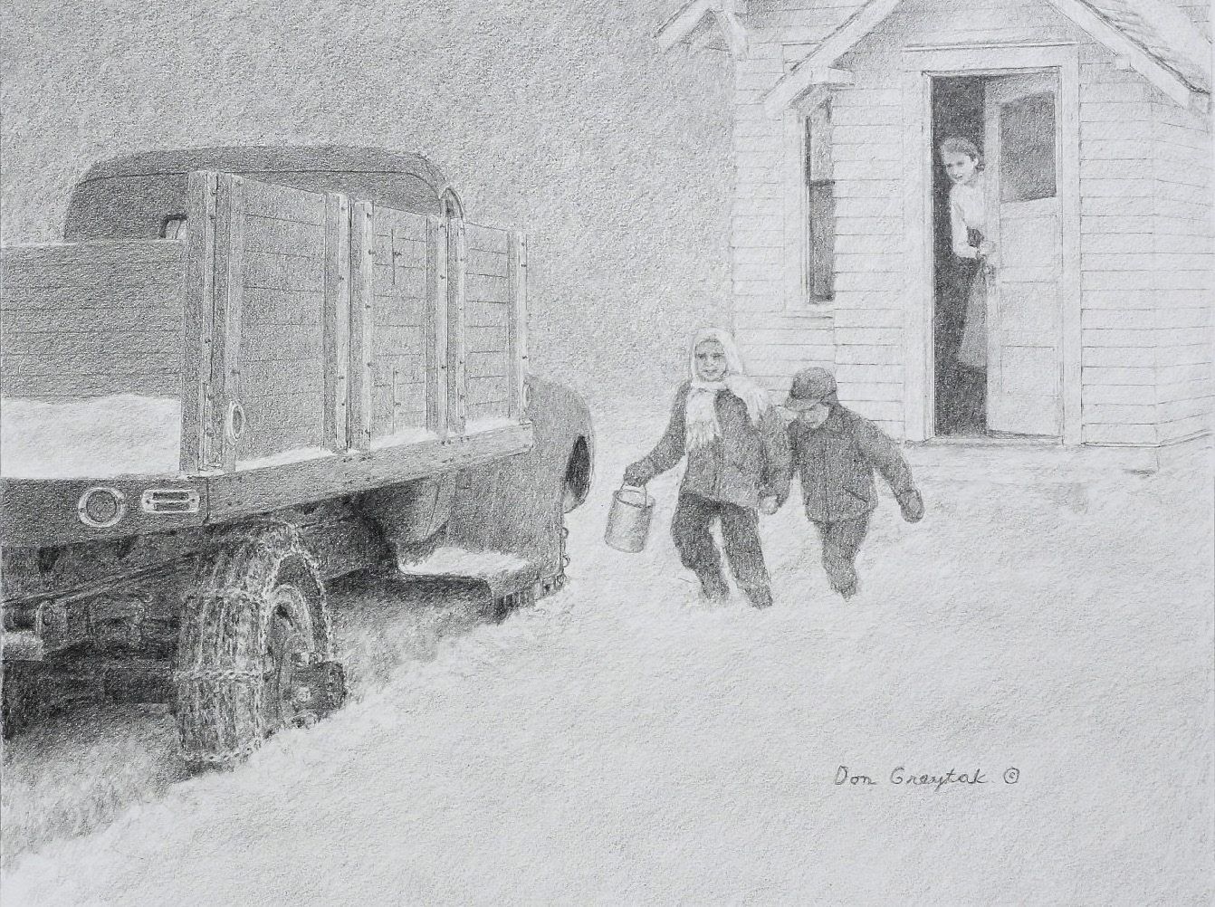 pencil drawing of two children walking out to a pickup