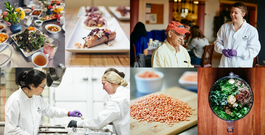 photo collage of food ingredients and products and people working in the lab kitchen and 