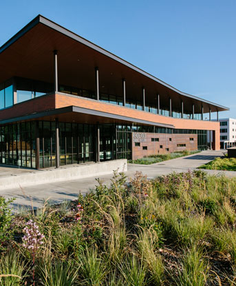 A sharp pointed roof sits on metal beams on top of a rectangular building made of weathered panels, brick, glass and metal. Native grasses are in the foreground of the image.