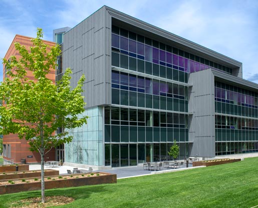 One exterior wall of Jabs Hall is constructed entirely of windows and framed by metal paneling.