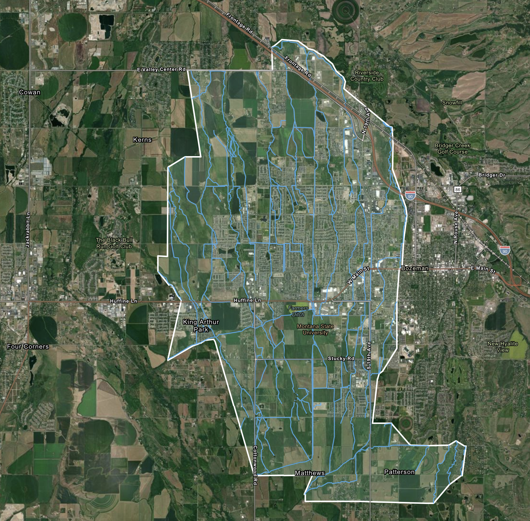 open channels mapped on a satellite map around Bozeman