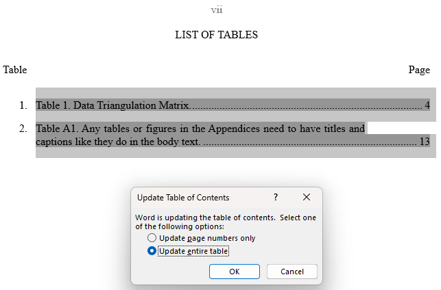 Photo showing how updating list of tables looks
