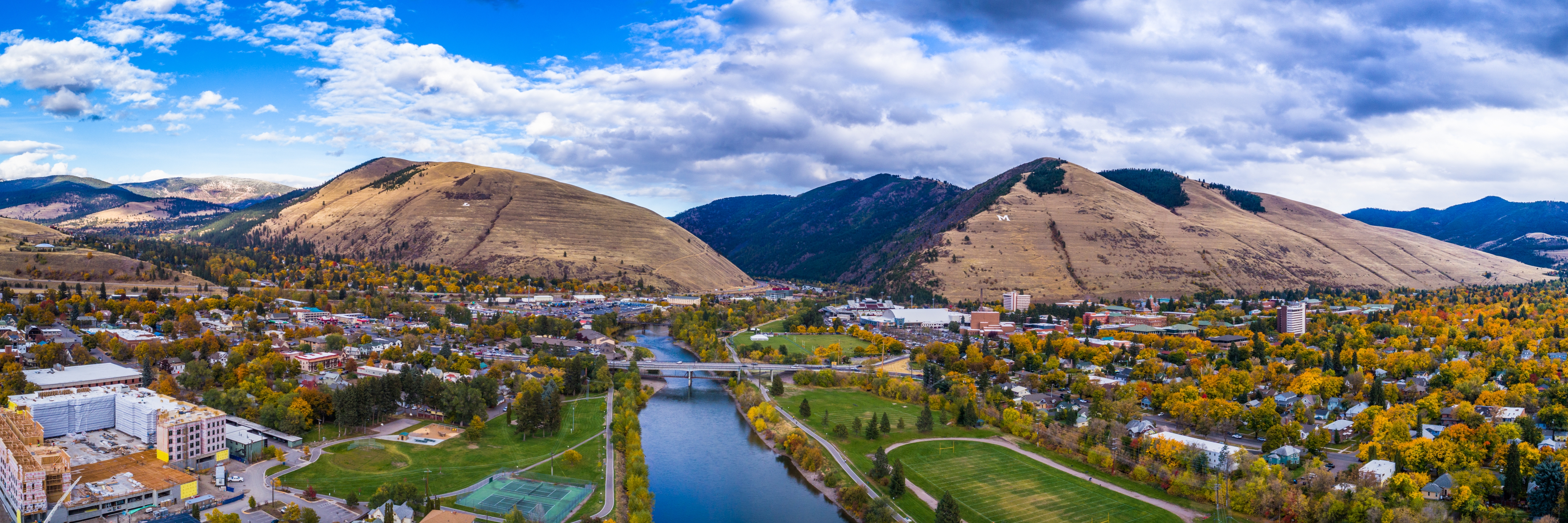 Mount Sentinel and Mount Jumbo framing the Clark Fork River, Missoula city in the foreground