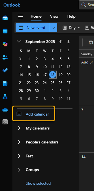 Outlook calendar add account button