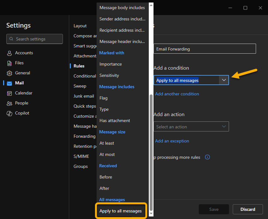 Condition menu for Rules with "apply to all messages" selected.