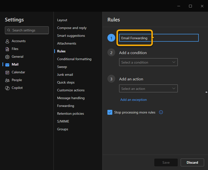 Rules tab with the "name your rule" section filled out with "email forwarding".