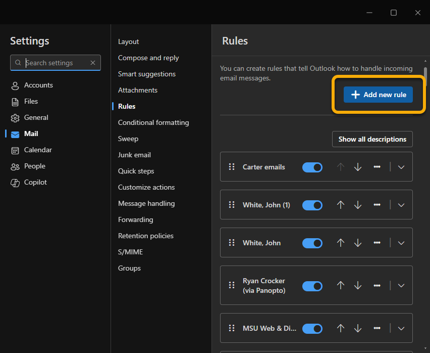 Outlook for Windows rules tab in the settings window with the blue "add new rule" button surrounded by a yellow square.